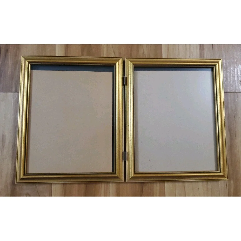 Vtg Gold Tone Metal BiFold Double Picture Frame 11x9 Vertical Portrait Hinged